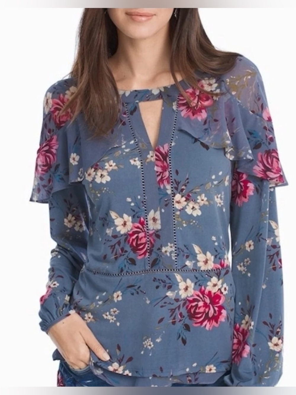 White House Black Market China Blue with Rosewood Tiered Sleeve Blouse